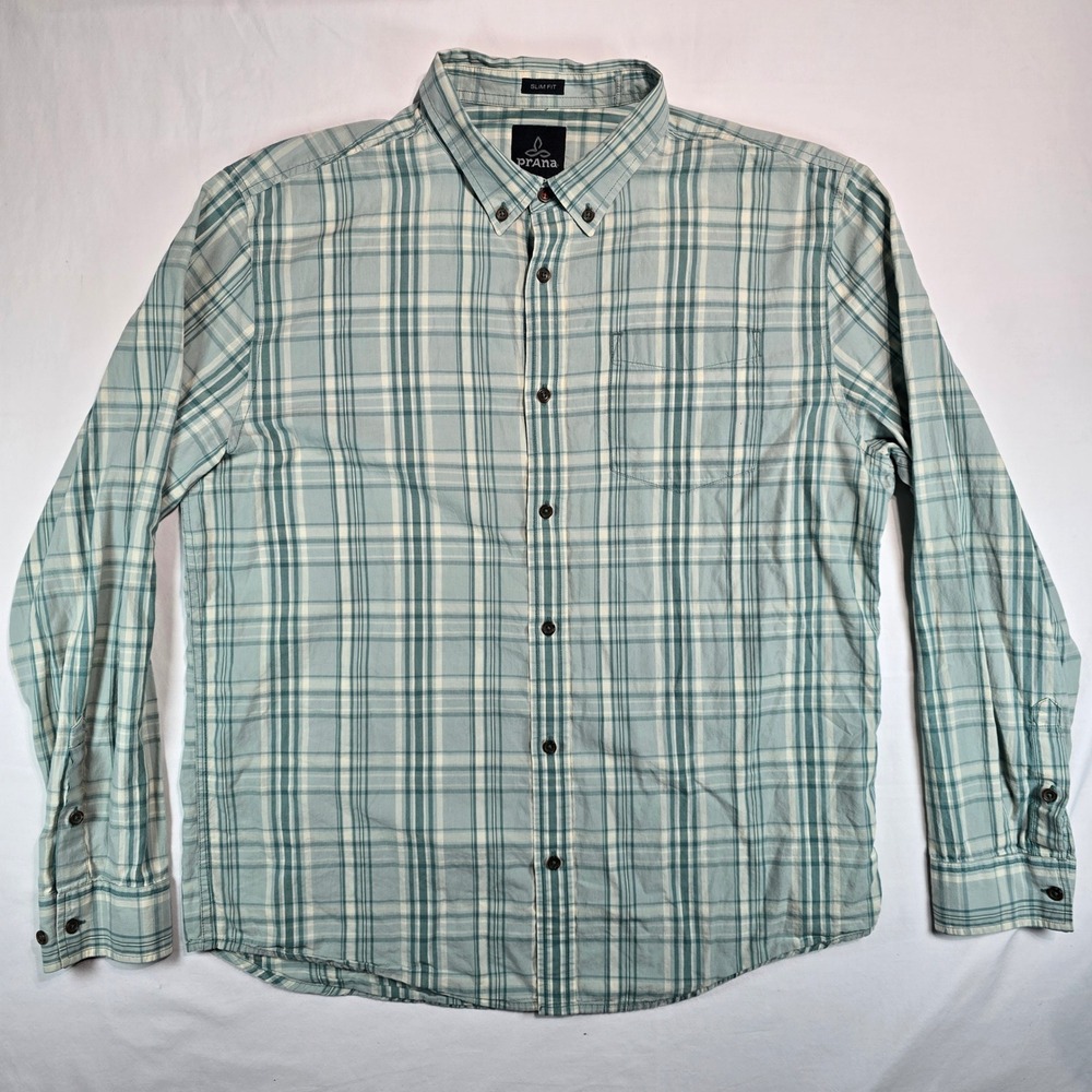 Prana Breathe Mens XL Slim Fit Organic Cotton Plaid Button Down Shirt Green